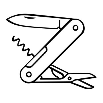 Vector illustration of a pocket knife line icon showing a folding blade multi-tool with minimalist clean strokes for outdoor hobbies and survival gear design.