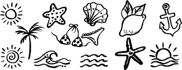 Fototapeta premium Hand drawn summer beach doodle elements set vector illustration with crayon texture charcoal line art icons