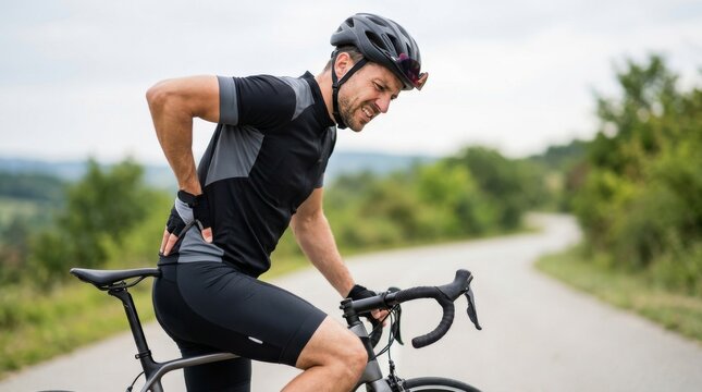 Male cyclist in pain holding his back after a long ride through a scenic road. Man suffering from lower back discomfort while cycling outdoors
