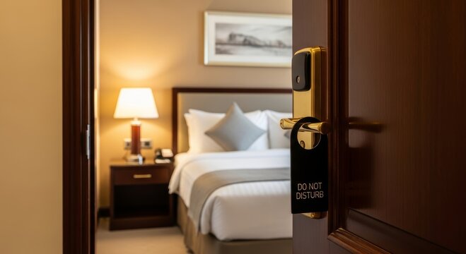 Do not disturb sign hanging on hotel room door handle. Blurred interior of luxury bedroom with made bed and bedside lamp. Vacation travel concept of privacy and relaxation in resort.