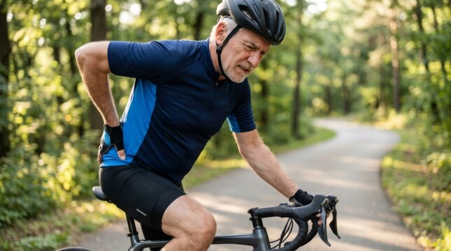 Senior cyclist experiencing lower back pain while riding bike on outdoor road
