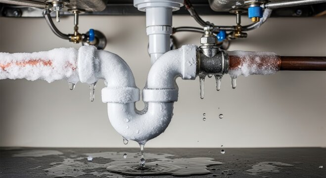 Frozen pipe under sink with melting ice and dripping water. Plumbing emergency caused by winter cold. Burst risk in home maintenance and utility infrastructure breakdown concept.