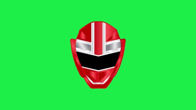 Red power ranger superhero helmet isolated on a green screen chroma key background for creative video editing

