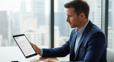 Fototapeta premium Man reading resume on digital tablet in office. Employment recruiter reviewing career profile of candidate. Professional hiring and job search process in corporate business environment.