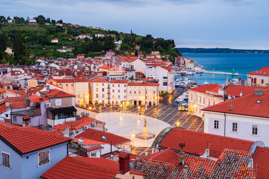 Pirano, Slovenia overlooking Tartini Square towards the Adriatic Sea