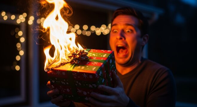 Man looking shocked at a flaming christmas gift box. A surprised young male holding a present burning with fire. Conceptual image of a disastrous holiday disaster or bad surprise.