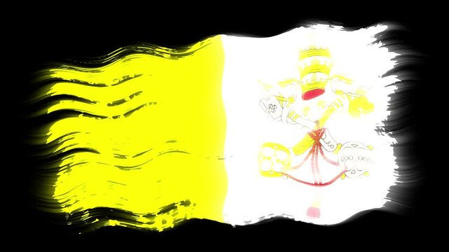 Waving torn Vatican flag grunge brush burn light leaks, transparent background alpha channel loop full HD