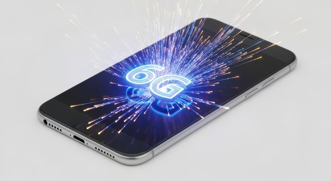 Smartphone with 6G holographic projection. Modern mobile device displaying future telecommunication technology. Wireless internet connectivity, high speed data transfer and digital network concept.