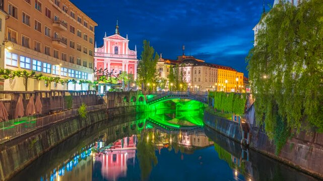 Ljubljana, Slovenia over the Ljublanica River viewed towards the Triple Bridge