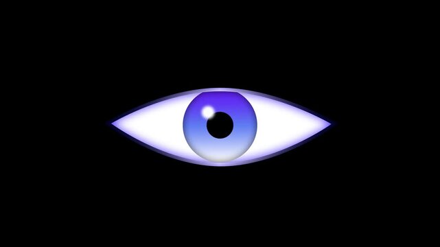Animated cartoon eyes blinking on black background with glowing blue pupils looking around, eye 2d Animation with alpha channel, seamless loop motion graphic of spooky eyeball expression. 4k video