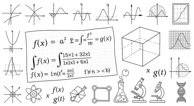 Mathematical formulas and scientific icons set featuring calculus graphs, geometry shapes, and lab equipment doodles