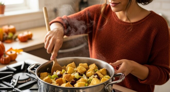 Woman cooking thanksgiving stuffing in a large pot on the kitchen stove. Preparing homemade holiday meal with bread cubes, celery and cranberries. Traditional autumn food preparation.