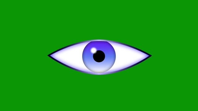 Minimalist blue monster eyes animation loop featuring dynamic vector pupil movement, creative cartoon looking character expression green screen design overlay clip for comic video production. 4k