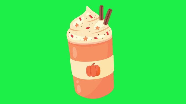 Cute pumpkin spice drink animation on green screen perfect for autumn beverage themes chroma key and video editing pro