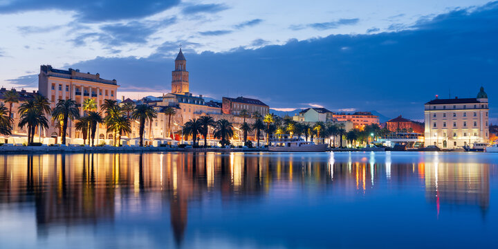 Split, Croatia city skyline with the Riva on the Adriatic Sea