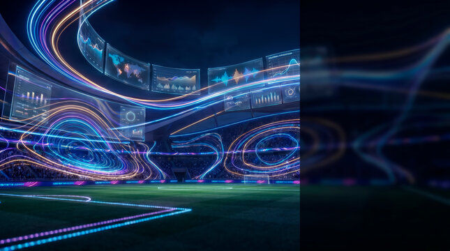 Futuristic soccer stadium at night with glowing neon light trails and digital data screens displaying sports analytics and performance metrics in a high-tech professional sports environment