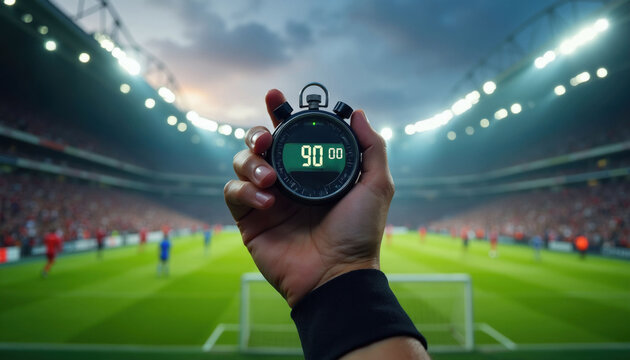 Referee hand holds stopwatch showing 90 minutes. Blurred football stadium crowd and players on green field. Match end clock, timing game action, sport competition.