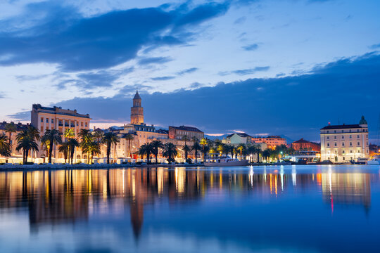 Split, Croatia city skyline with the Riva on the Adriatic Sea