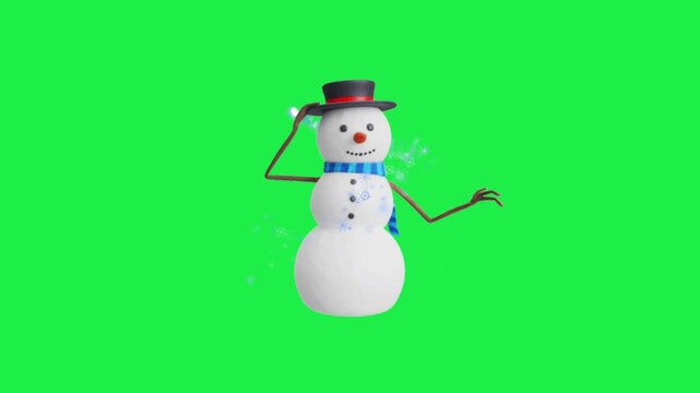 Cheerful snowman waving hat with sparkling winter magic on green screen perfect festive chroma key animation loop