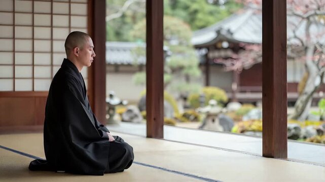 Japanese Buddhist Monk Practicing Zen Meditation Inside Traditional Temple, 4K, Seamless loop, Copy space on the right