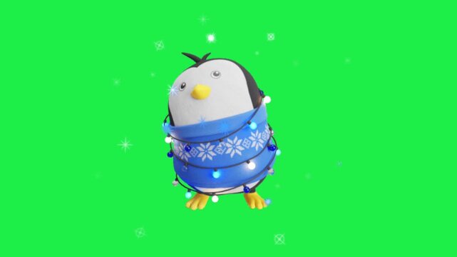 Cute winter penguin wrapped in festive scarf with glowing lights on green screen perfect holiday animation chroma key loop