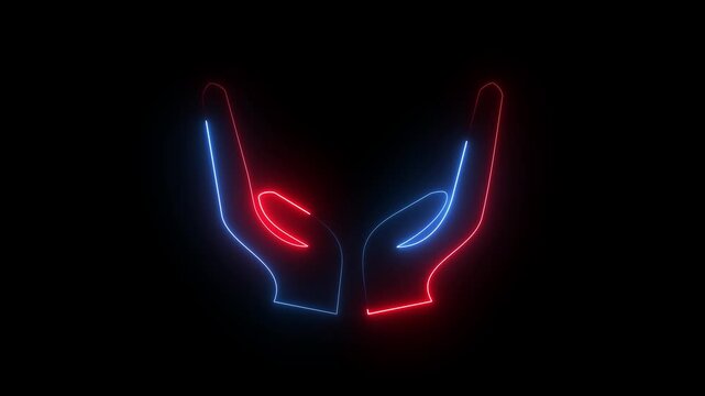 Red and blue neon open hands icon cupped together for care and protection on black background.