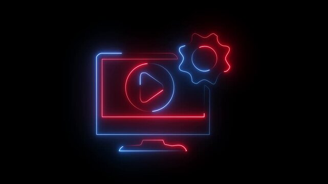 Neon computer monitor icon with glowing red media play video button and gear wheel illustration.
