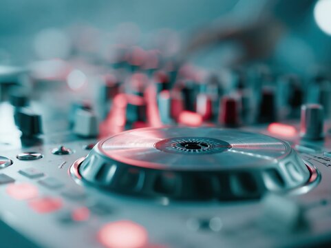 Close-up of a DJ turntable with glowing red and blue lights