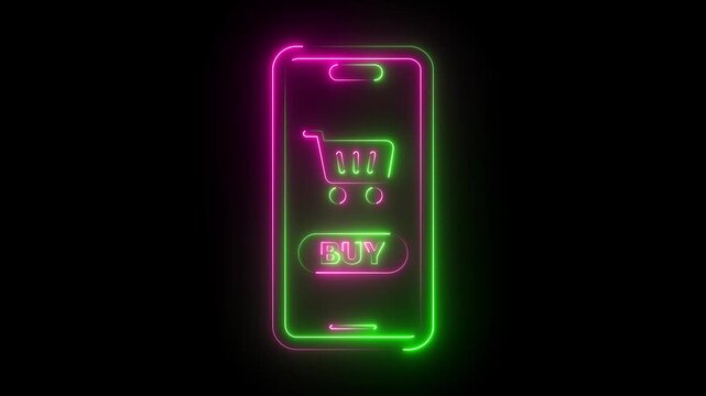 Neon smart phone screen icon with glowing green and pink shopping cart and buy button.