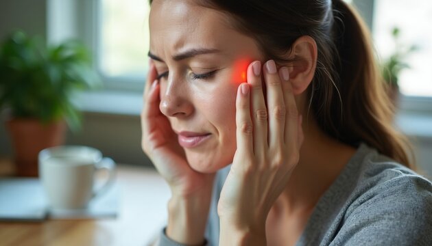 Woman feels sharp pain on side of her face near ear. She massages temple and jaw area. Discomfort from headache or TMJ issue. Natural indoor lighting. Visible stress. Close up portrait.
