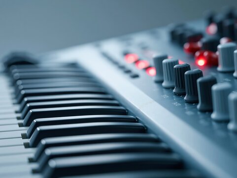 Close-up of a modern synthesizer keyboard with glowing red lights and control knobs