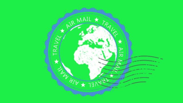 Vintage airmail travel stamp with world map on green screen background for chroma key animation seamless loop editing