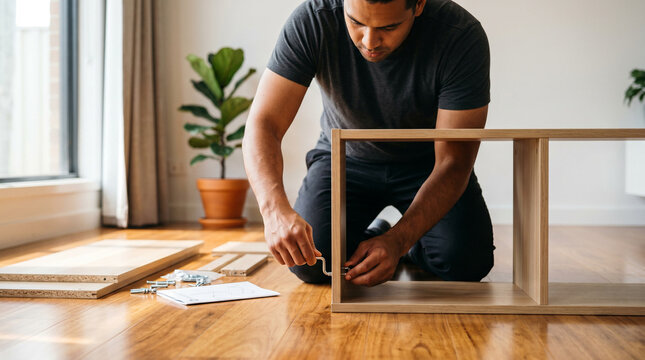 Young man assembling flat-pack wooden shelf furniture on a sunlit hardwood floor in a bright apartment, kneeling and using a hand tool, ideal for home improvement and DIY content.
