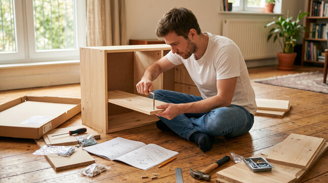 Man sitting cross-legged on a wooden floor carefully assembling a wooden shelf unit with a screwdriver and tools spread around in a sunlit living room, ideal for DIY and home content.