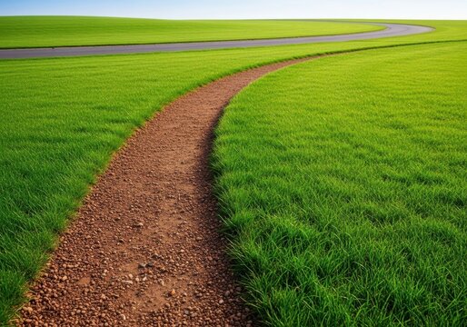 A winding dirt path cutting directly across a wide green lawn, bypassing the long paved road curve. Represents efficiency and faster travel, direction, journey, strategy