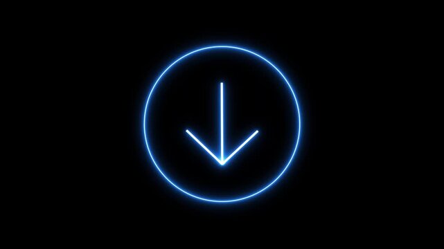 glowing neon animation of download icon arrow icon. on black background.4k video.