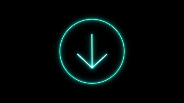 glowing neon animation of download icon arrow icon. on black background.4k video.