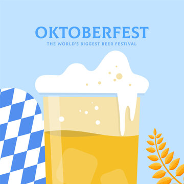 Oktoberfest Celebration Vector Banner with Overflowing Beer Mug, Bavarian Flag Pattern, and Wheat