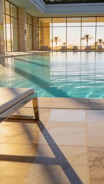 Vertical video: Panning camera revealing sunlit aqua pool at luxury interior spa, showing lounger