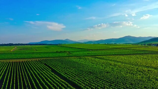 bennwihr alsace Aerial view green vineyard rows under blue sky sustainable viticulture agriculture