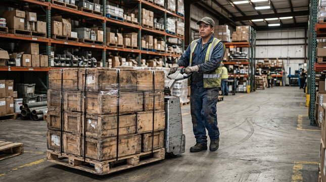 A logistics worker in a safety vest uses a pallet jack to move a load of wooden crates in a large industrial warehouse with metal shelving stacked with boxes, perfect for supply chain and freight cont