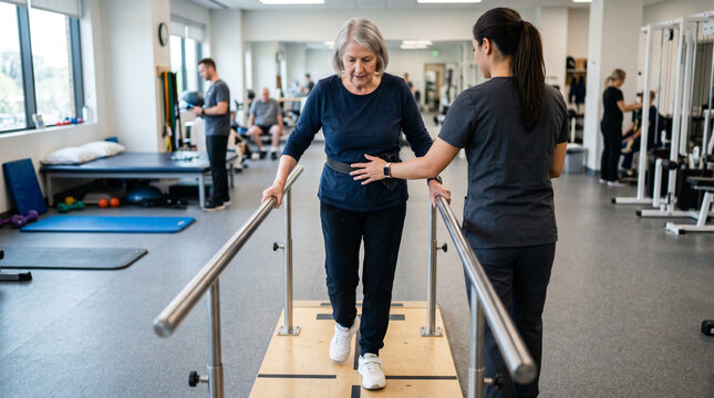 Elderly woman walking between rehabilitation parallel bars supported by a physiotherapist in a large well-equipped physical therapy center, representing post-injury recovery.