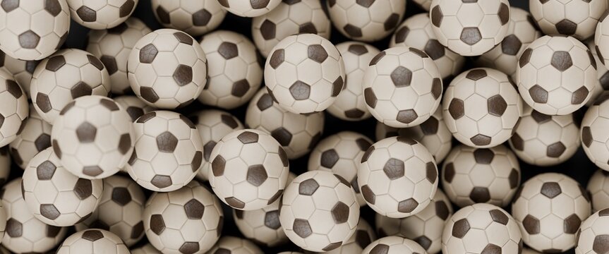 3d soccer footballs in a pile, world cup soccer balls