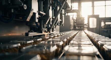 Fototapeta premium Automated food packaging machine sealing containers on a production line in a modern factory with bright natural light