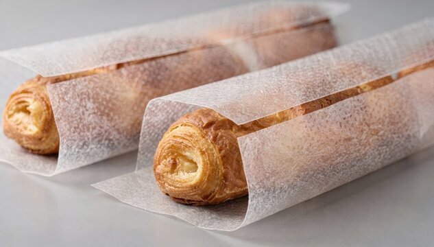Closeup medium shot of bakery wraps with barrier layers showing textured packaging that protects pastries from moisture and grease.