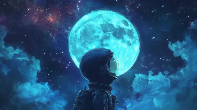 Astronaut gazing at a large moon