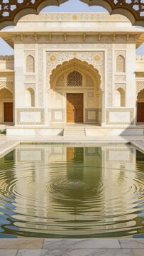 Vertical video: Central ripple appearing at courtyard pool, spreading, restoring pavilion mirror