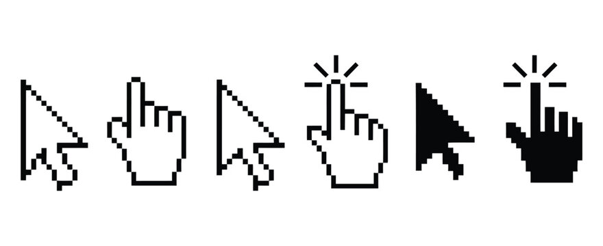 Cursor icon set, colorful mouse pointers, pixel arrow, hand click symbols, classic computer cursor designs, vector illustration.