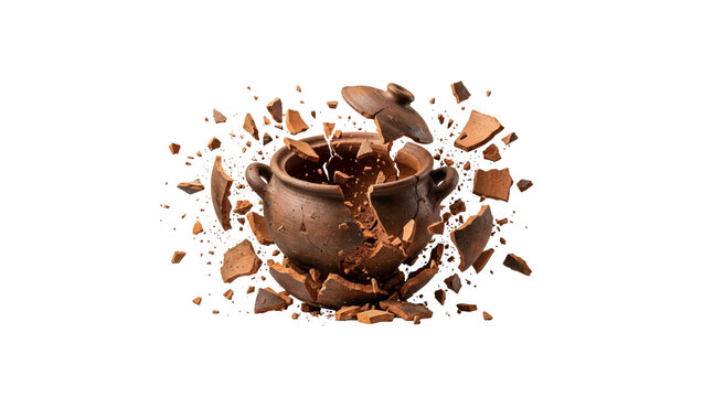 Exploding broken clay pot with lid and pieces flying out on transparent background.