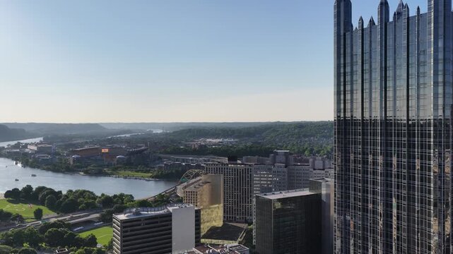 Aerial shot of Skyscrapers and office buildings in the skyline in Pittsburgh Pennsylvania USA